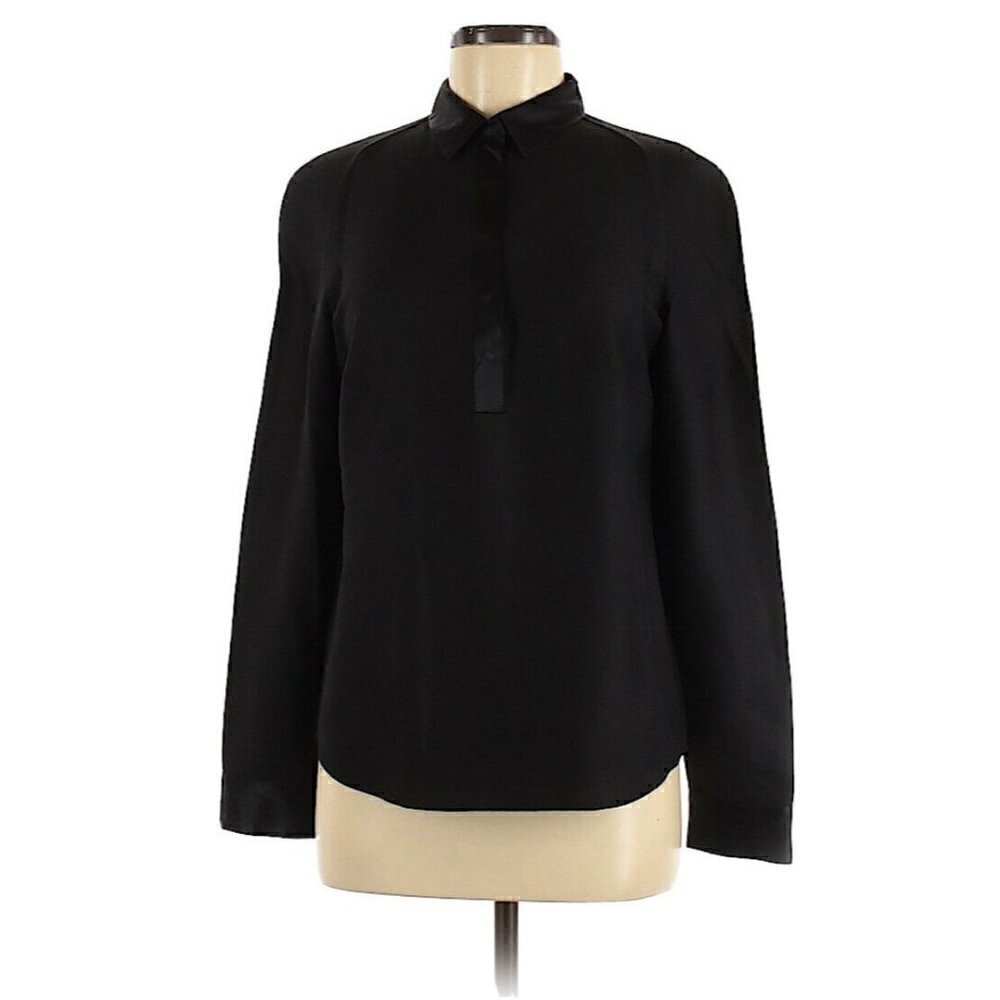 AKRIS  Black Snap Front Popover 100% Silk Blouse 8